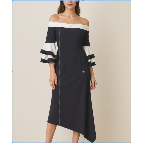 Hilary Radley Off-the-Shoulder Bell Sleeve Dress Large Black White Party Modern - Picture 1 of 10